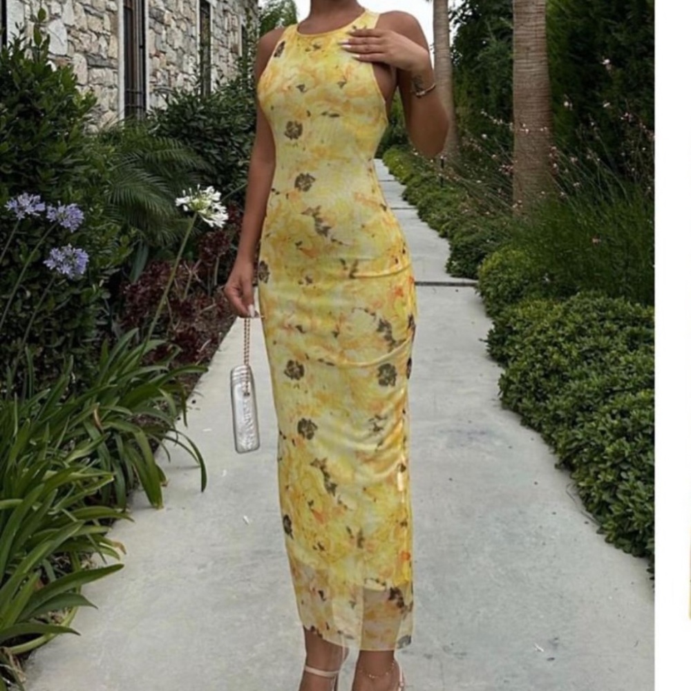 Zara Yellow Floral Ruched Twisted Back Sleeveless Midi Dress NWT M *Bloggers Fav